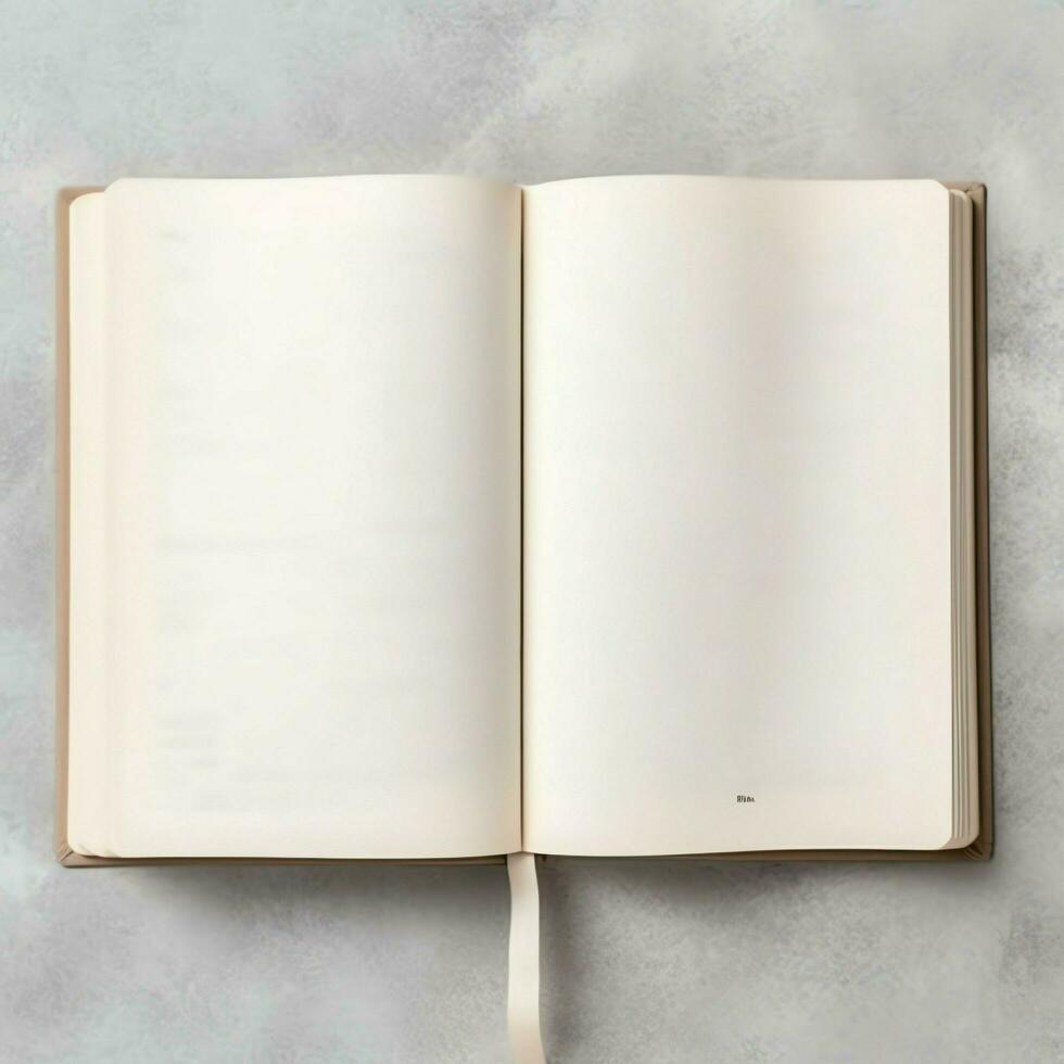 Overhead view of open book with empty blank white pages. Notebook composition for catalog, magazines concept by AI Generated photo