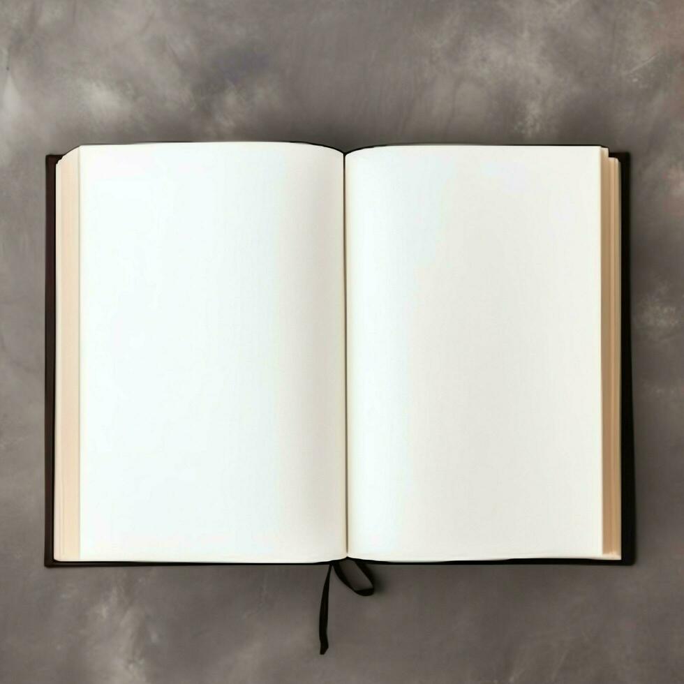 Overhead view of open book with empty blank white pages. Notebook composition for catalog, magazines concept by AI Generated photo