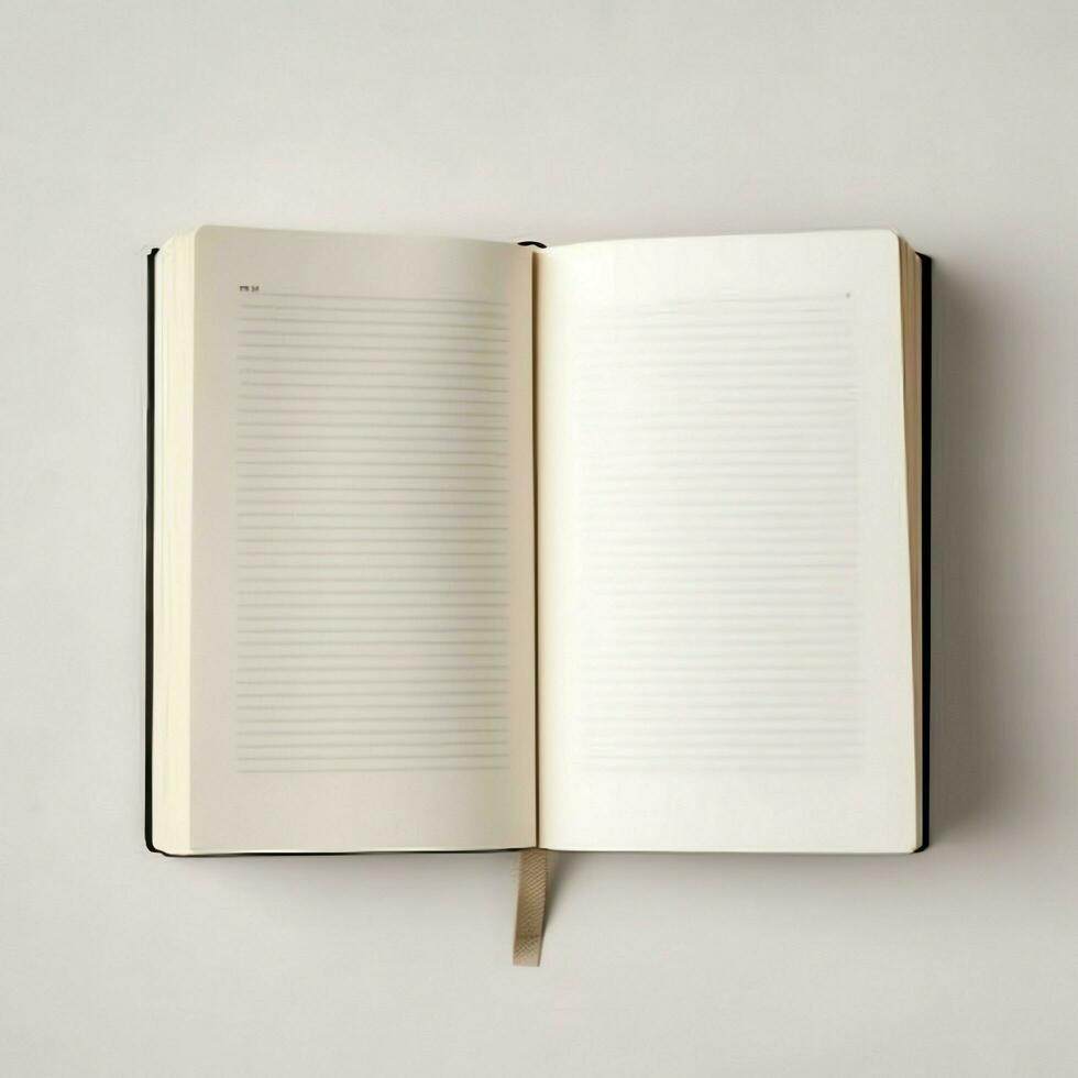 Overhead view of open book with empty blank white pages. Notebook composition for catalog, magazines concept by AI Generated photo