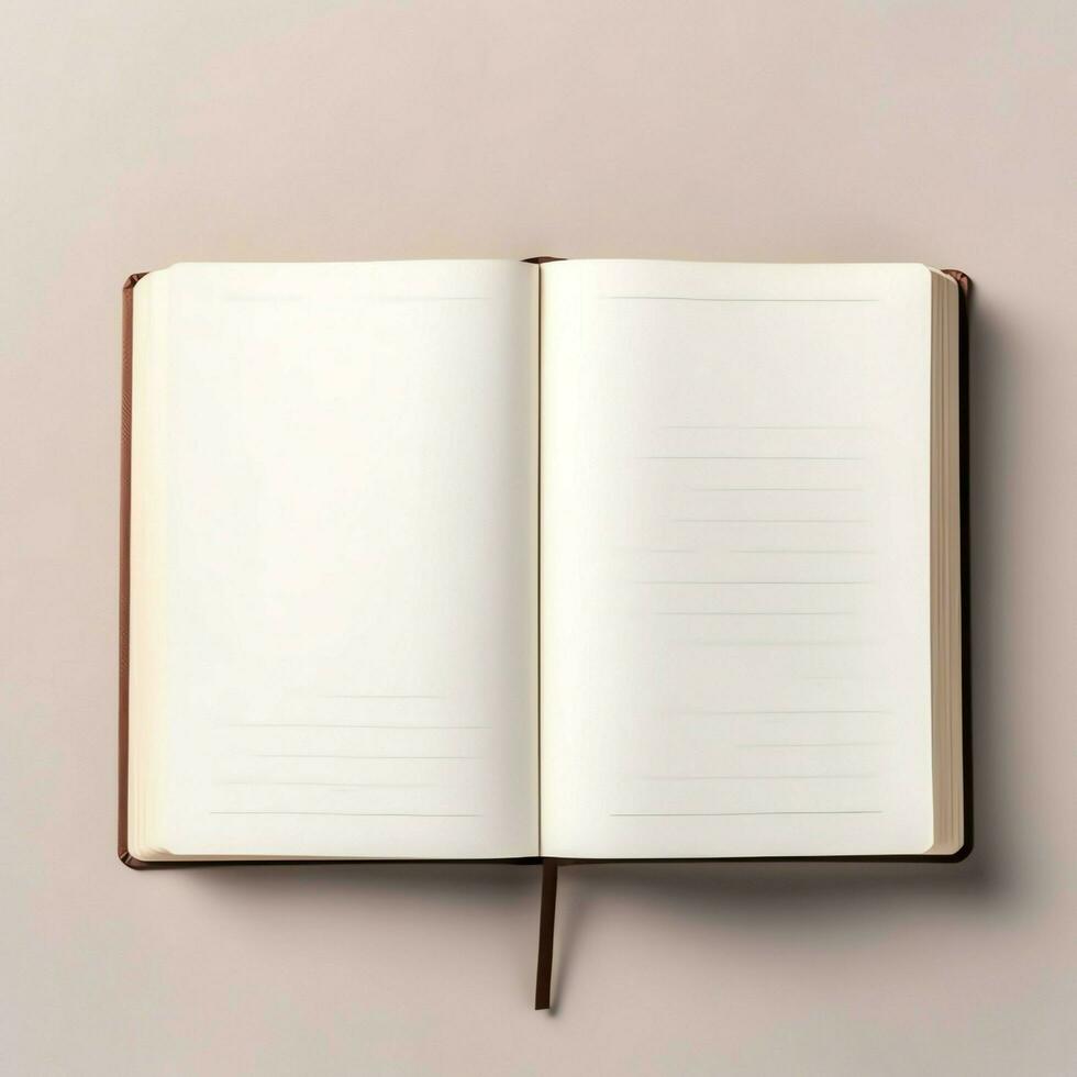 Overhead view of open book with empty blank white pages. Notebook composition for catalog, magazines concept by AI Generated photo