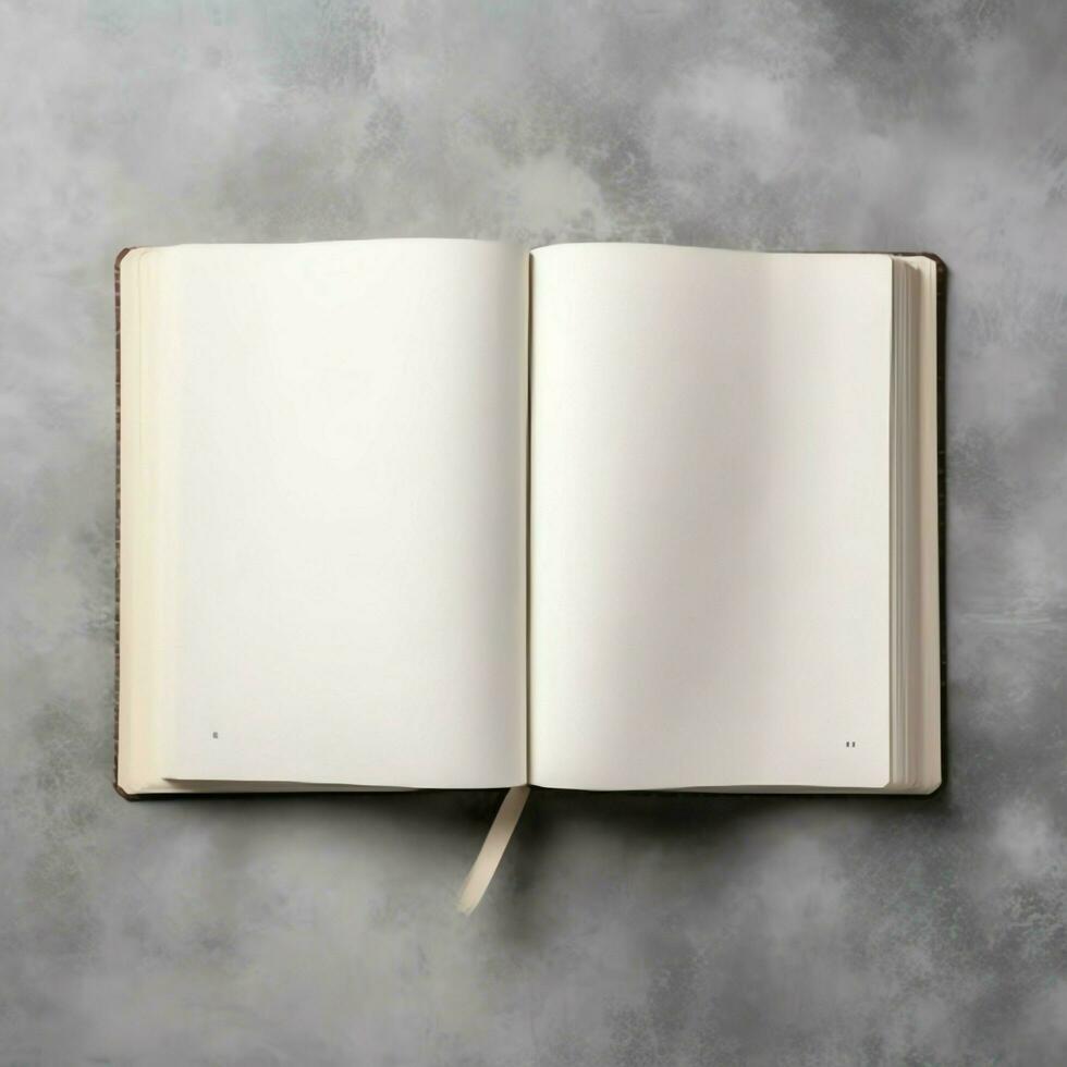 Overhead view of open book with empty blank white pages. Notebook composition for catalog, magazines concept by AI Generated photo