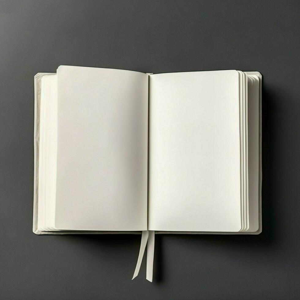 Overhead view of open book with empty blank white pages. Notebook composition for catalog, magazines concept by AI Generated photo