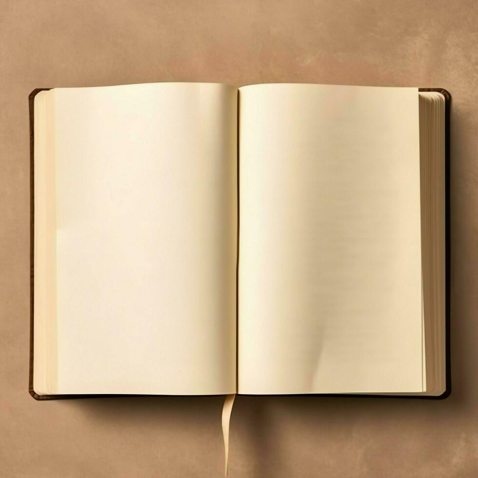 Overhead view of open book with empty blank white pages. Notebook composition for catalog, magazines concept by AI Generated photo