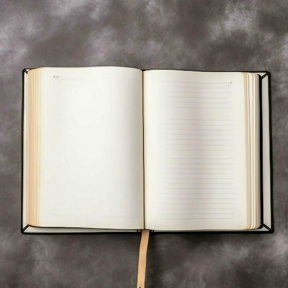 Overhead view of open book with empty blank white pages. Notebook composition for catalog, magazines concept by AI Generated photo