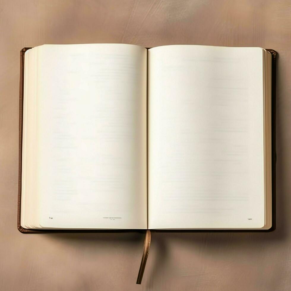 Overhead view of open book with empty blank white pages. Notebook composition for catalog, magazines concept by AI Generated photo