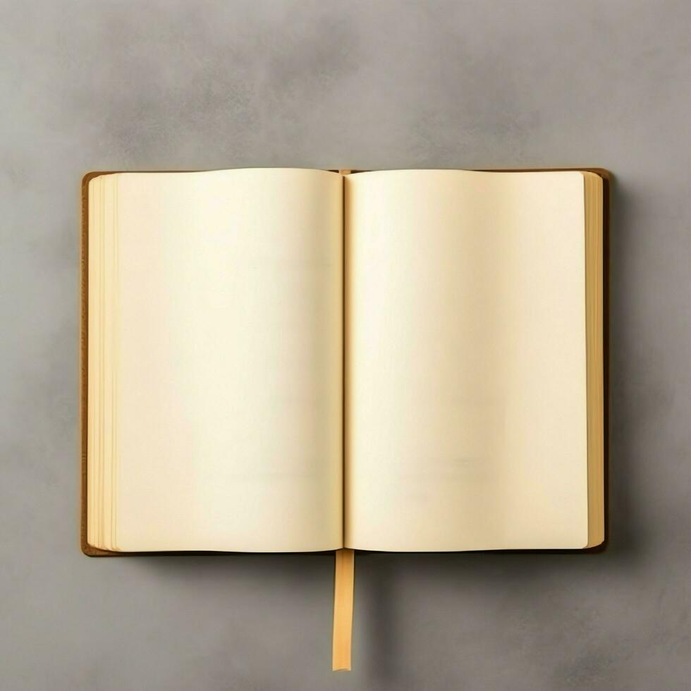 Overhead view of open book with empty blank white pages. Notebook composition for catalog, magazines concept by AI Generated photo