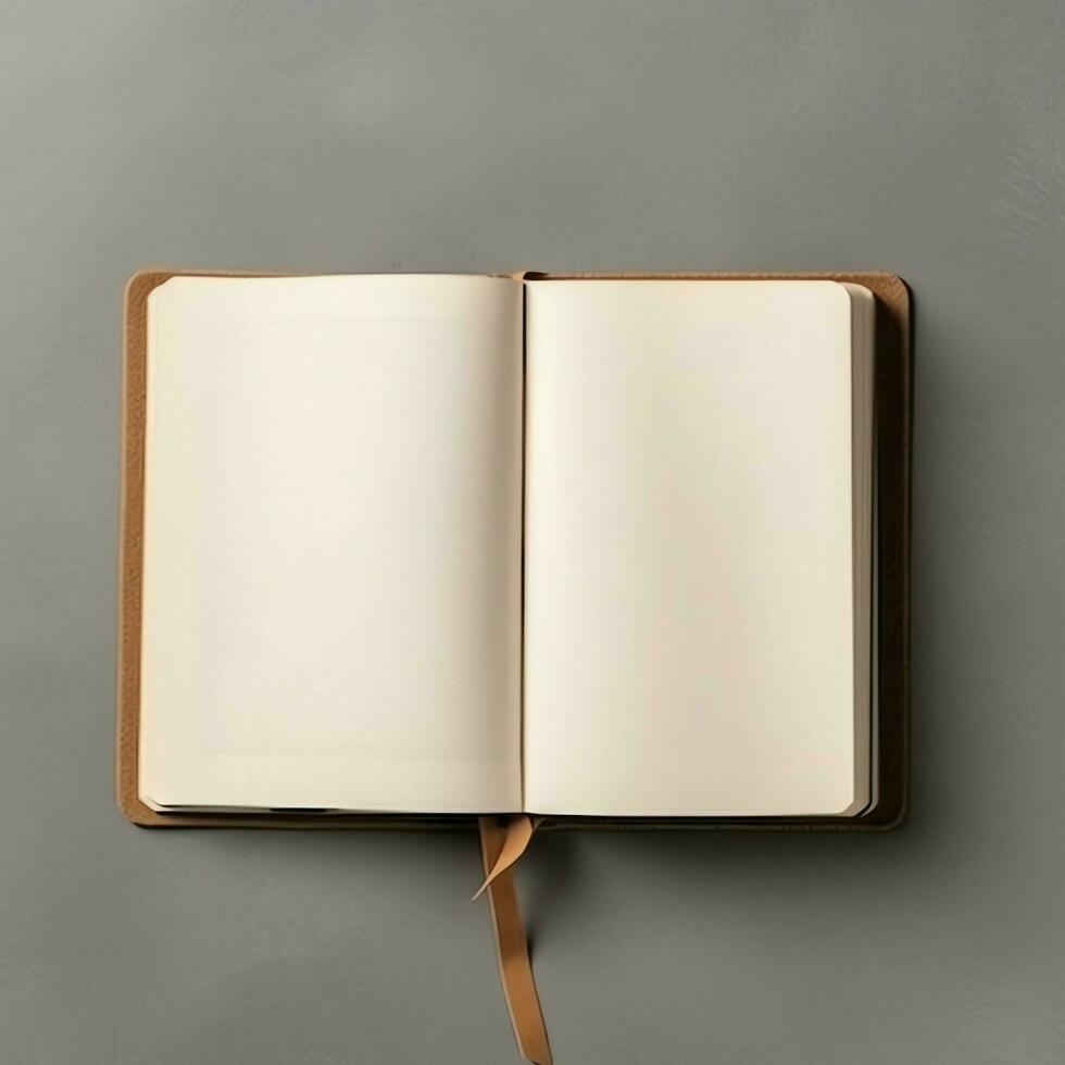 Overhead view of open book with empty blank white pages. Notebook composition for catalog, magazines concept by AI Generated photo