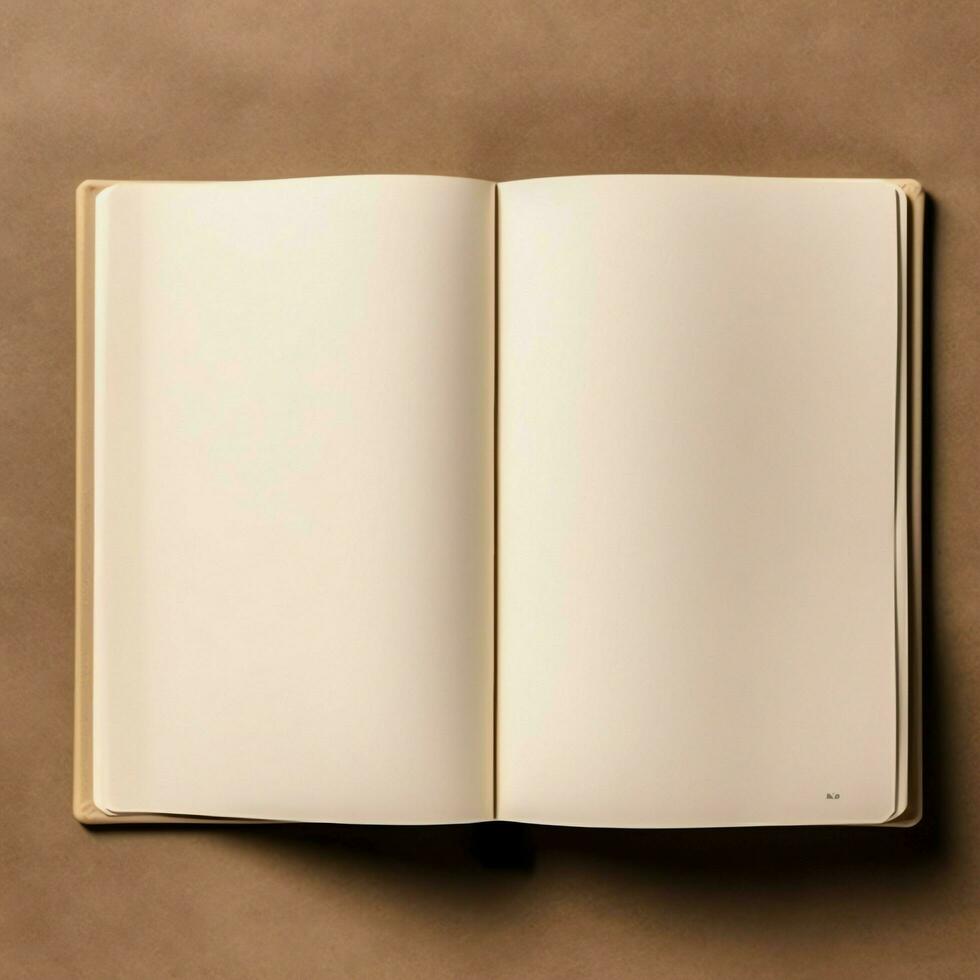 Overhead view of open book with empty blank white pages. Notebook composition for catalog, magazines concept by AI Generated photo