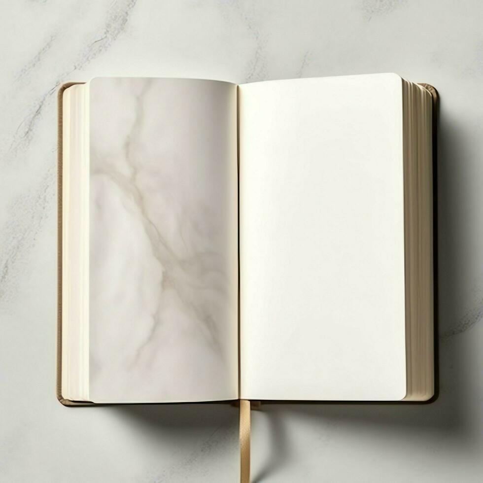 Overhead view of open book with empty blank white pages. Notebook composition for catalog, magazines concept by AI Generated photo