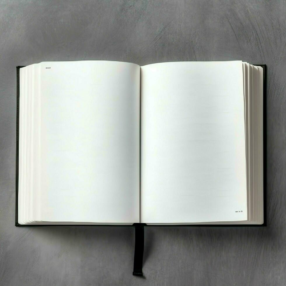 Overhead view of open book with empty blank white pages. Notebook composition for catalog, magazines concept by AI Generated photo