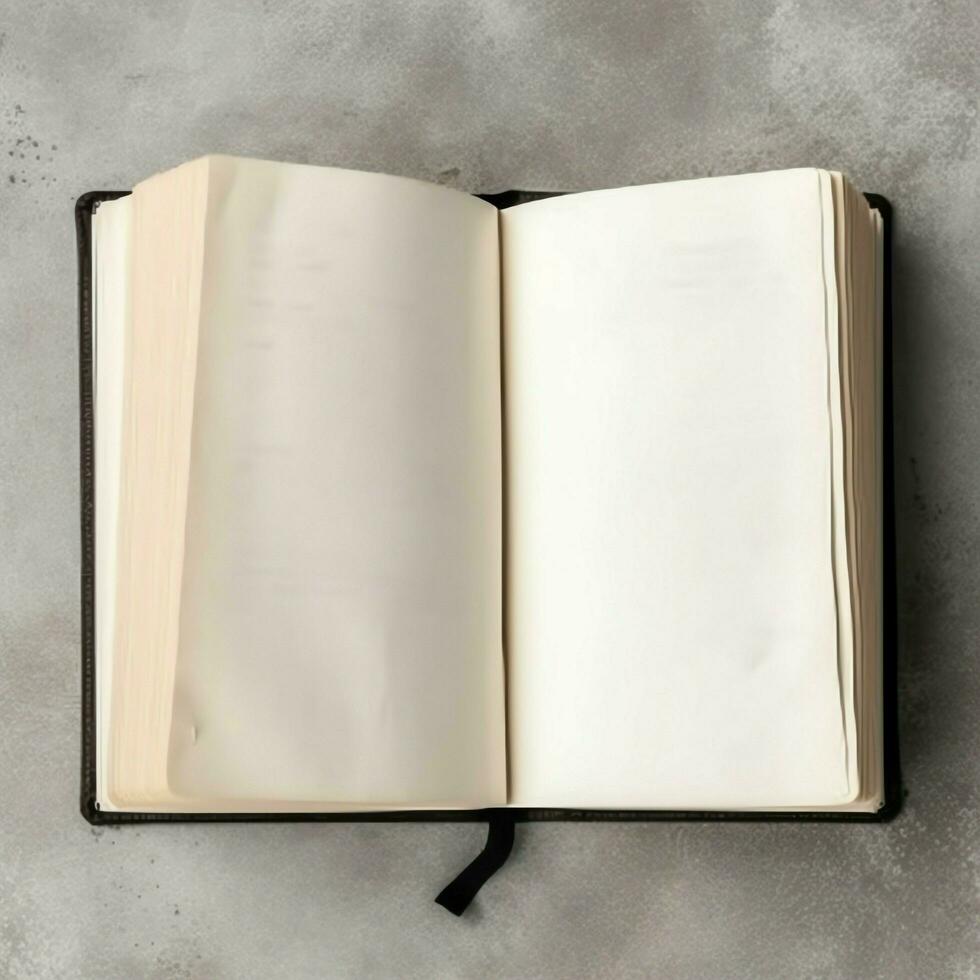 Overhead view of open book with empty blank white pages. Notebook composition for catalog, magazines concept by AI Generated photo