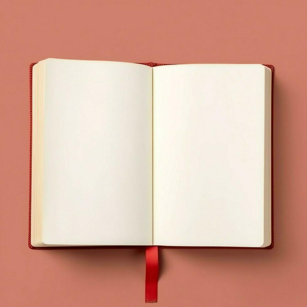 Overhead view of open book with empty blank white pages. Notebook composition for catalog, magazines concept by AI Generated photo