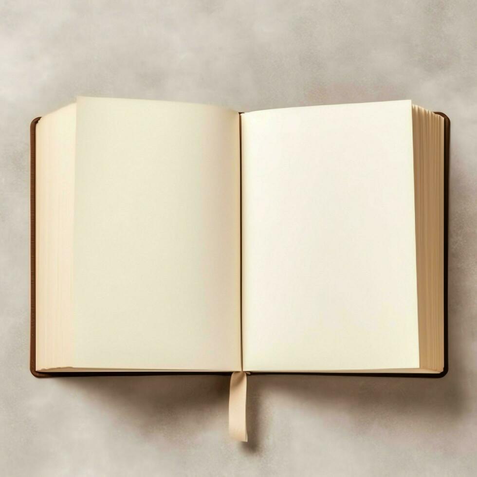 Overhead view of open book with empty blank white pages. Notebook composition for catalog, magazines concept by AI Generated photo