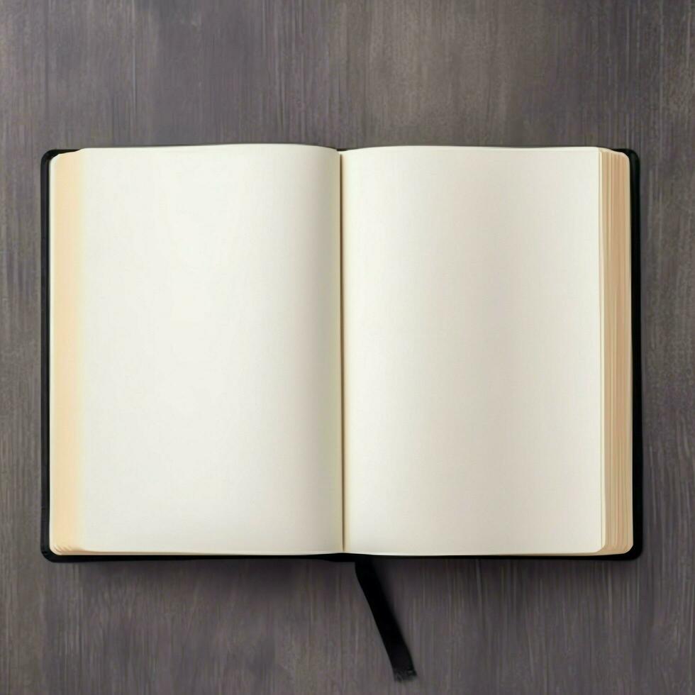Overhead view of open book with empty blank white pages. Notebook composition for catalog, magazines concept by AI Generated photo