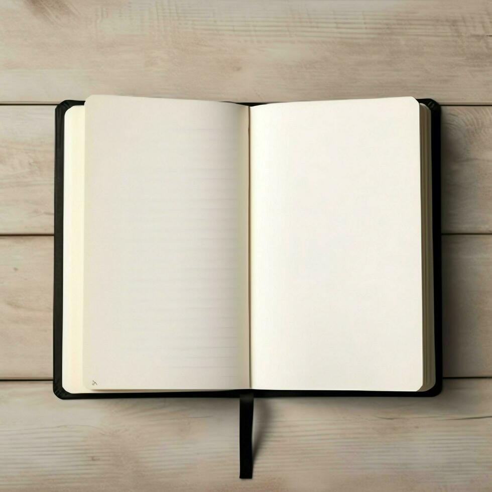 Overhead view of open book with empty blank white pages. Notebook composition for catalog, magazines concept by AI Generated photo