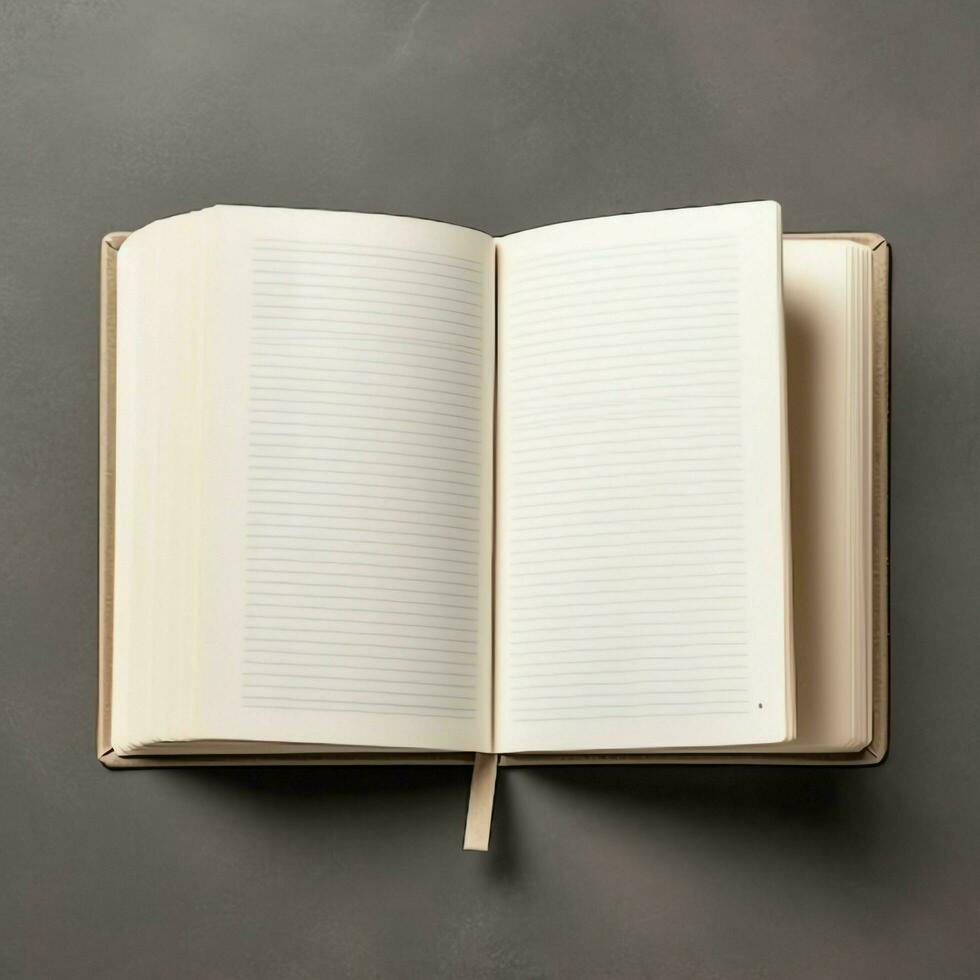 Overhead view of open book with empty blank white pages. Notebook composition for catalog, magazines concept by AI Generated photo