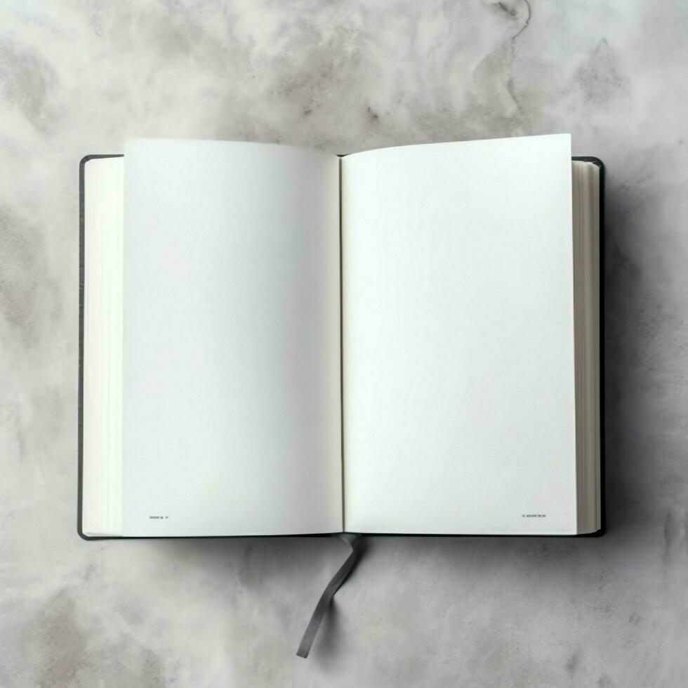 Overhead view of open book with empty blank white pages. Notebook composition for catalog, magazines concept by AI Generated photo