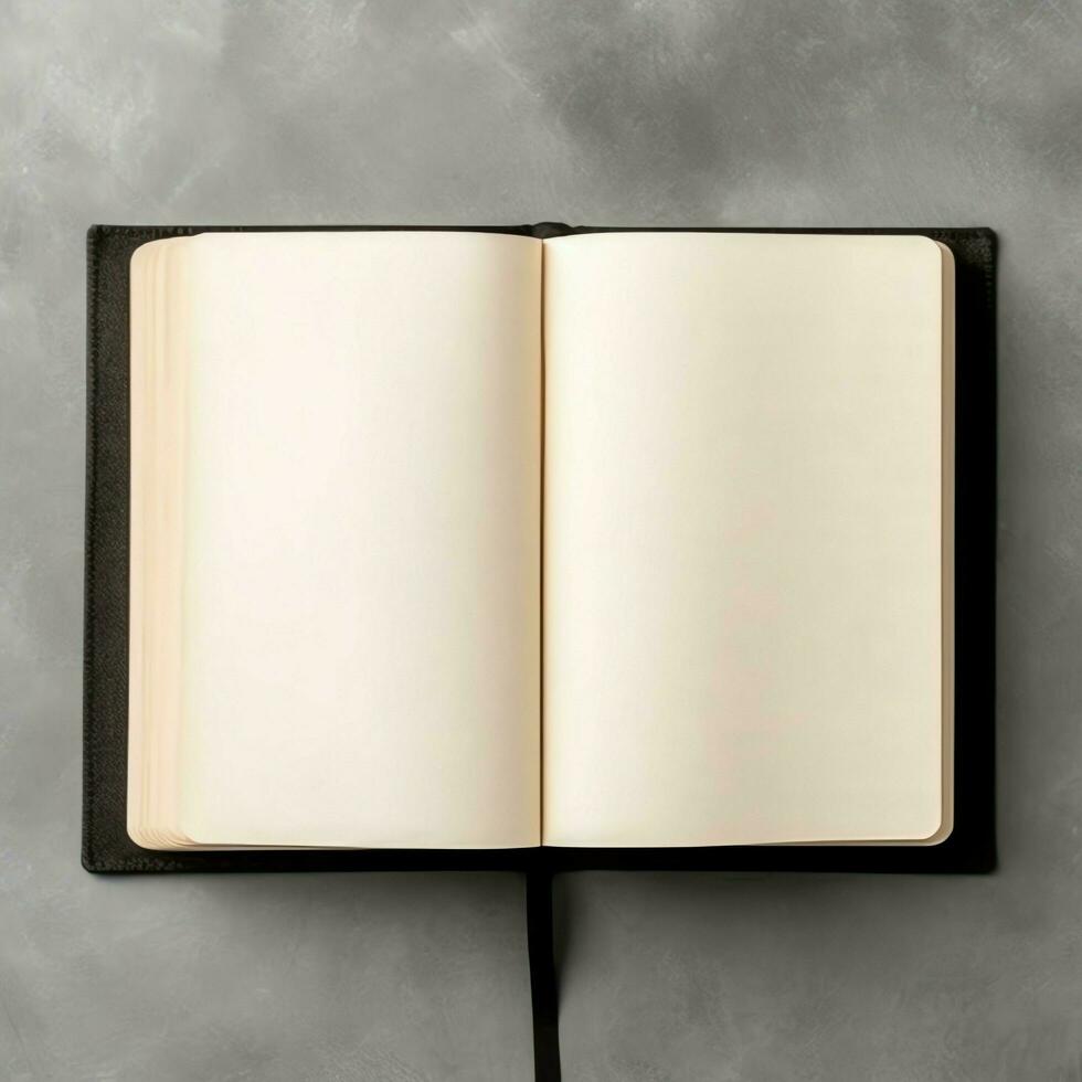 Overhead view of open book with empty blank white pages. Notebook composition for catalog, magazines concept by AI Generated photo