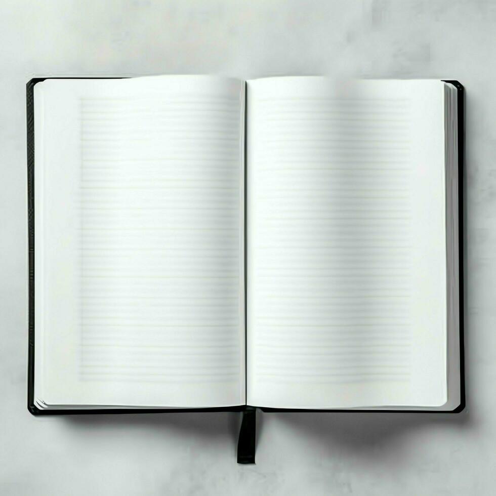 Overhead view of open book with empty blank white pages. Notebook composition for catalog, magazines concept by AI Generated photo