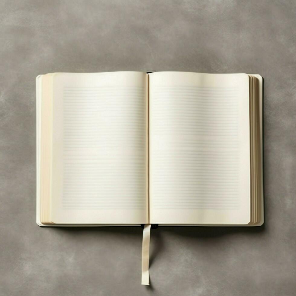 Overhead view of open book with empty blank white pages. Notebook composition for catalog, magazines concept by AI Generated photo