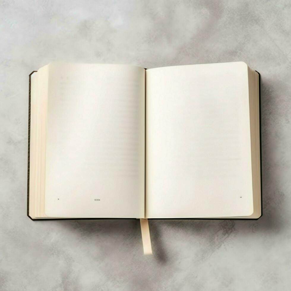 Overhead view of open book with empty blank white pages. Notebook composition for catalog, magazines concept by AI Generated photo