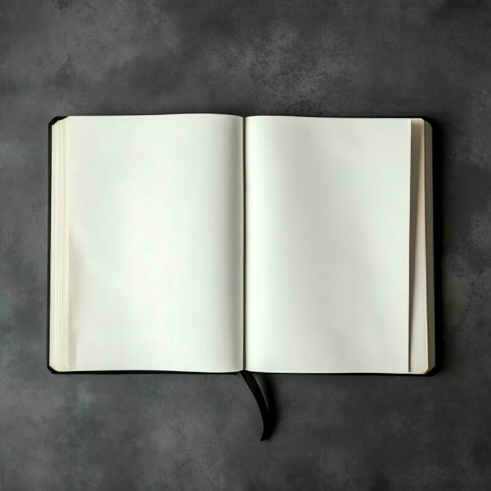 Overhead view of open book with empty blank white pages. Notebook composition for catalog, magazines concept by AI Generated photo