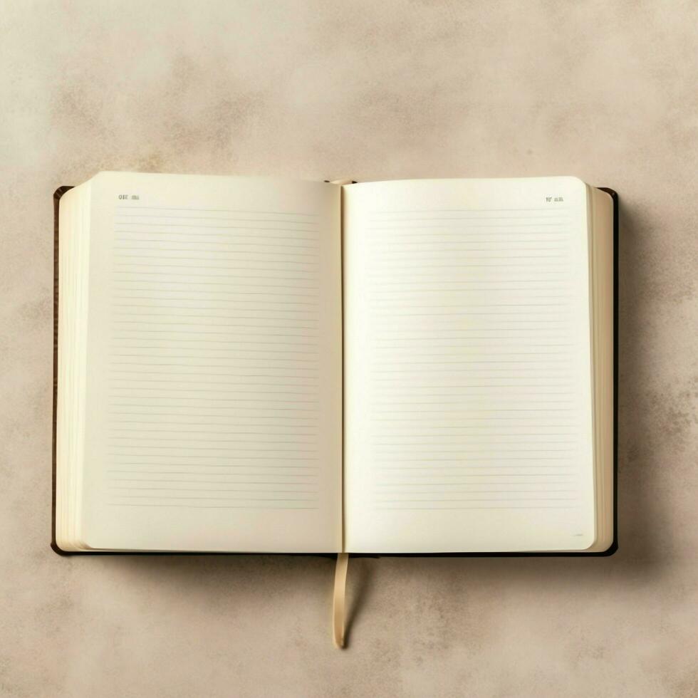 Overhead view of open book with empty blank white pages. Notebook composition for catalog, magazines concept by AI Generated photo