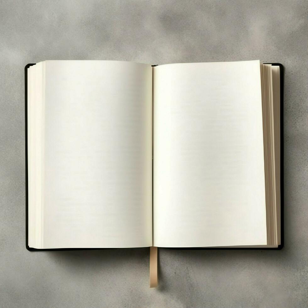 Overhead view of open book with empty blank white pages. Notebook composition for catalog, magazines concept by AI Generated photo