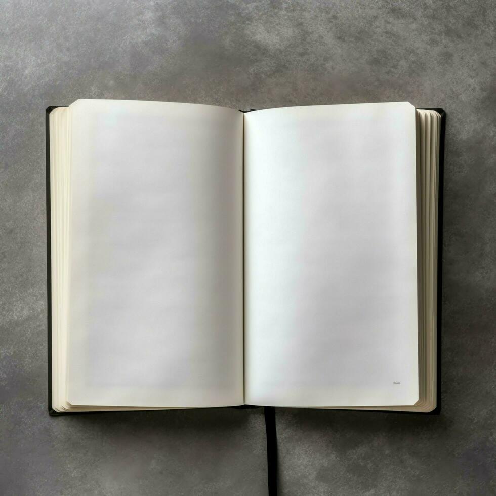 Overhead view of open book with empty blank white pages. Notebook composition for catalog, magazines concept by AI Generated photo