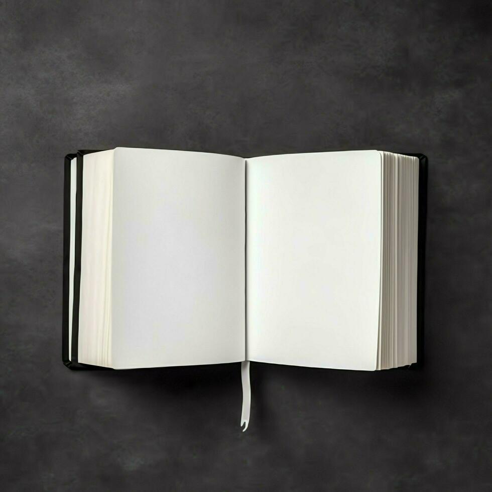 Overhead view of open book with empty blank white pages. Notebook composition for catalog, magazines concept by AI Generated photo