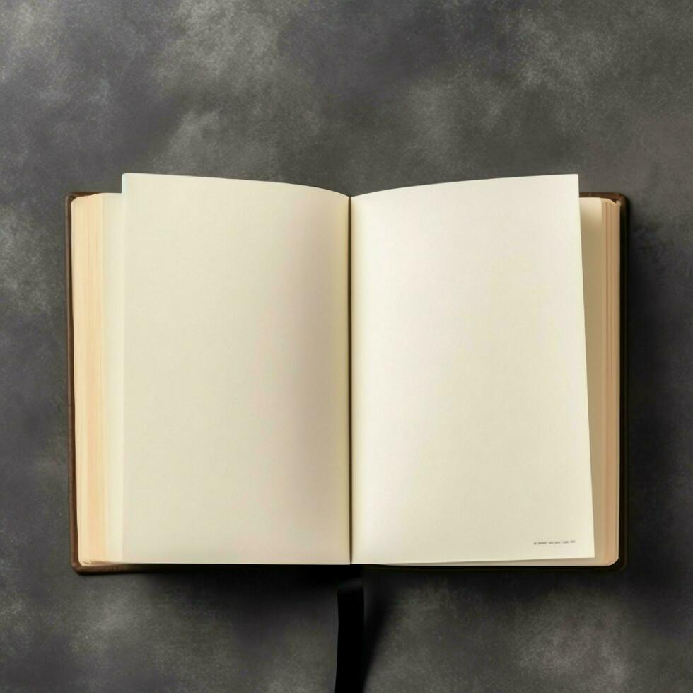 Overhead view of open book with empty blank white pages. Notebook composition for catalog, magazines concept by AI Generated photo