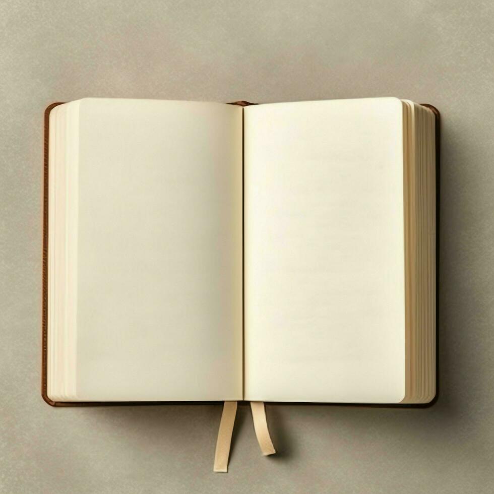 Overhead view of open book with empty blank white pages. Notebook composition for catalog, magazines concept by AI Generated photo