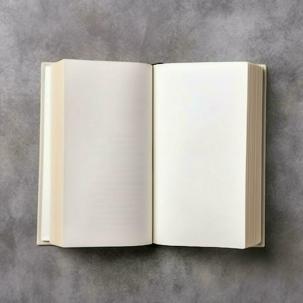 Overhead view of open book with empty blank white pages. Notebook composition for catalog, magazines concept by AI Generated photo