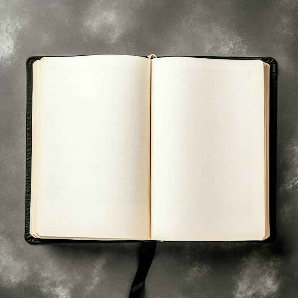 Overhead view of open book with empty blank white pages. Notebook composition for catalog, magazines concept by AI Generated photo