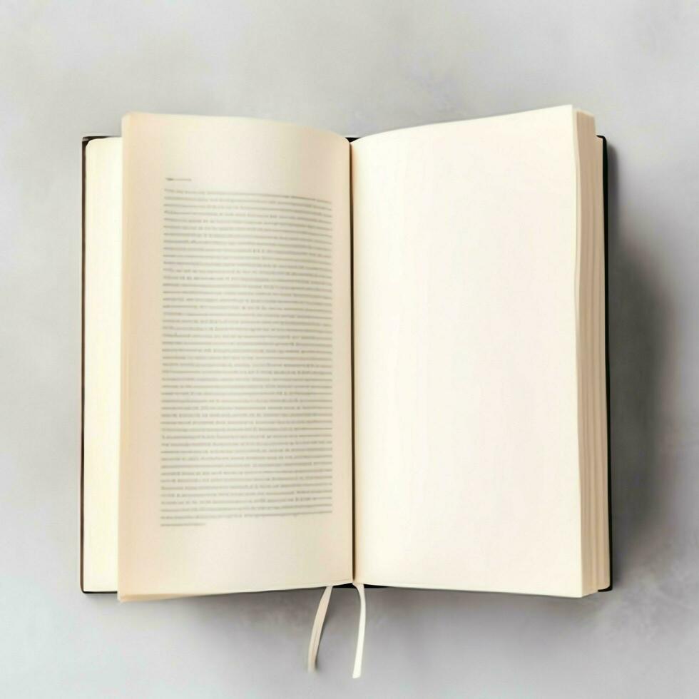 Overhead view of open book with empty blank white pages. Notebook composition for catalog, magazines concept by AI Generated photo