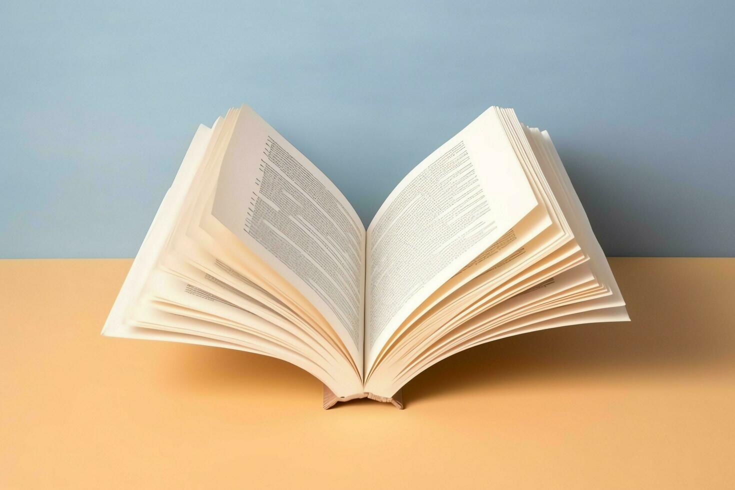 Overhead view of open book with empty blank white pages. Notebook composition for catalog, magazines concept by AI Generated photo