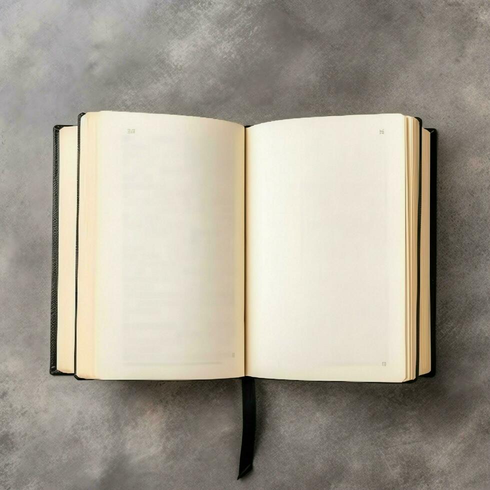 Overhead view of open book with empty blank white pages. Notebook composition for catalog, magazines concept by AI Generated photo