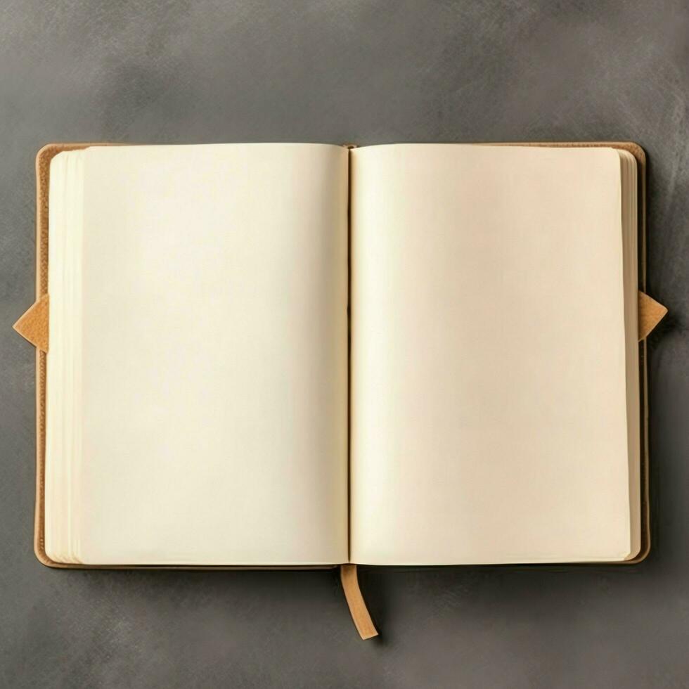 Overhead view of open book with empty blank white pages. Notebook composition for catalog, magazines concept by AI Generated photo
