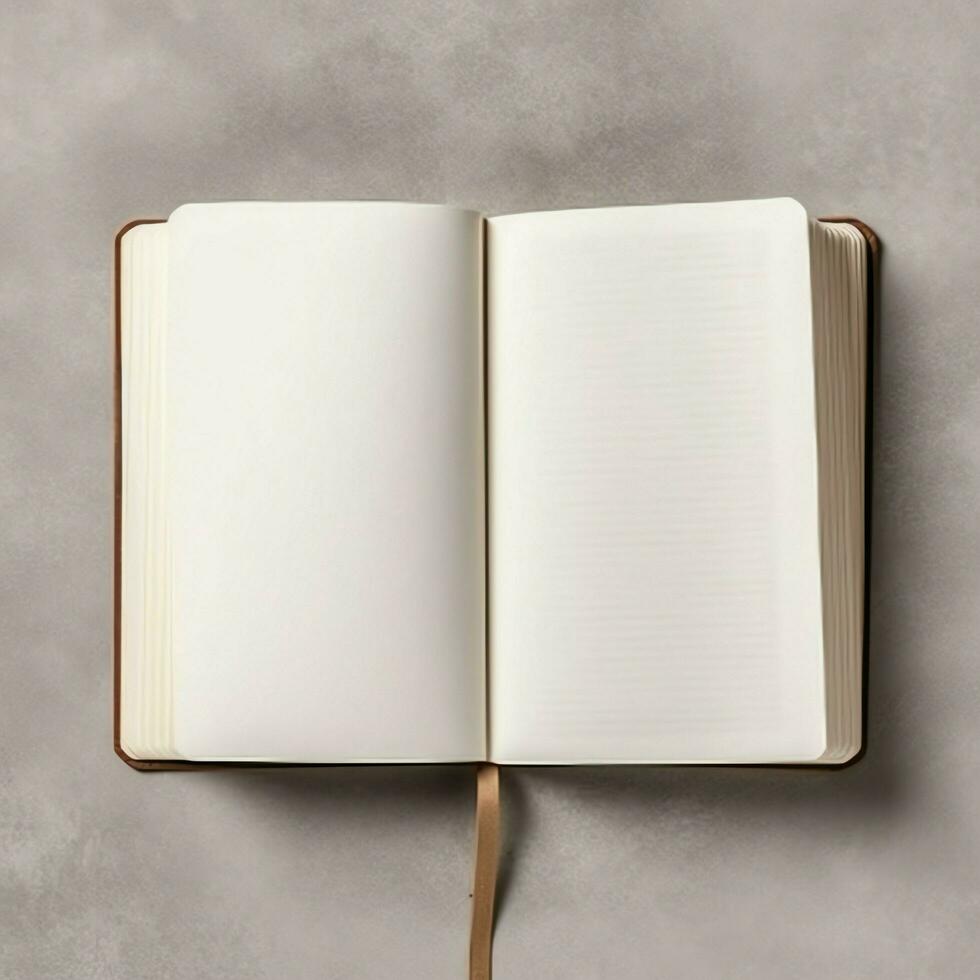 Overhead view of open book with empty blank white pages. Notebook composition for catalog, magazines concept by AI Generated photo