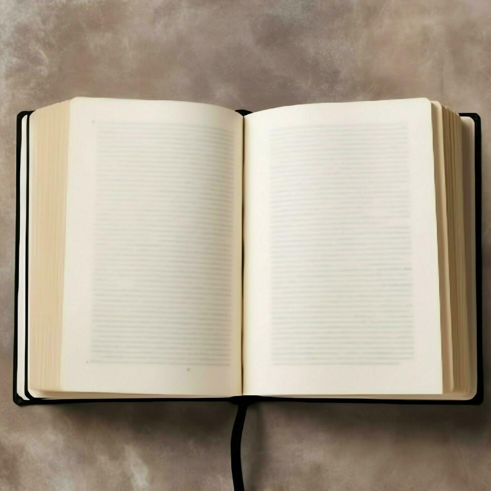 Overhead view of open book with empty blank white pages. Notebook composition for catalog, magazines concept by AI Generated photo