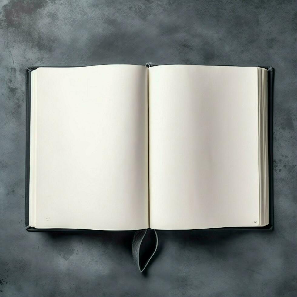 Overhead view of open book with empty blank white pages. Notebook composition for catalog, magazines concept by AI Generated photo