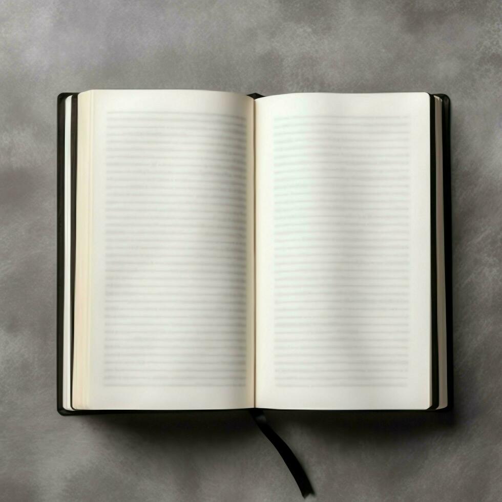 Overhead view of open book with empty blank white pages. Notebook composition for catalog, magazines concept by AI Generated photo