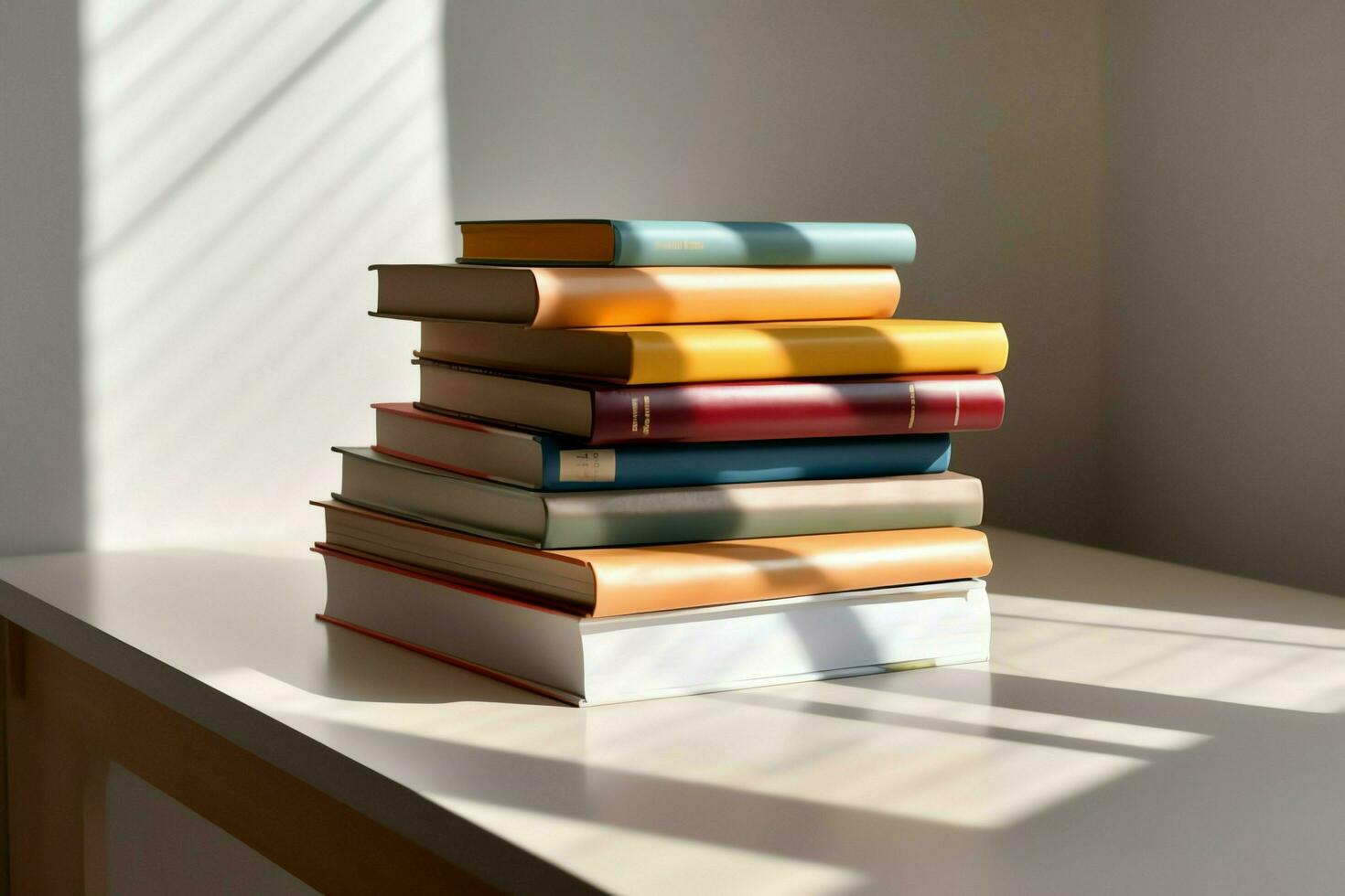 A book pile close up on a study desk. Front view pile book. For festival of world book day, national book day or national education day. Stack of colorful books on study table by AI Generated photo