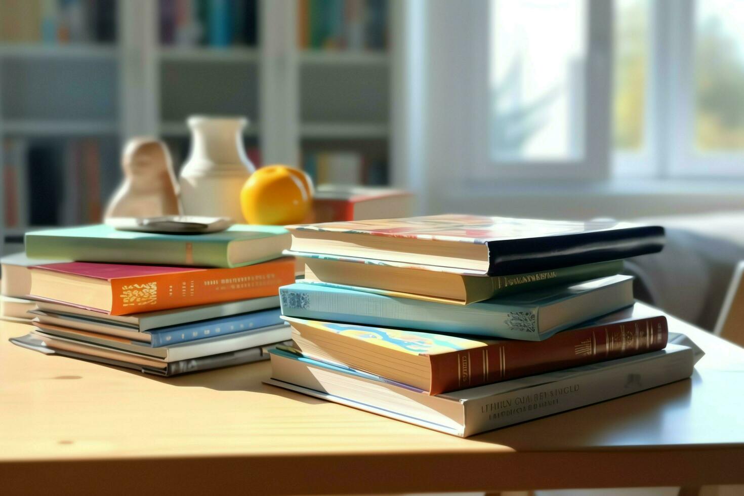A book pile close up on a study desk. Front view pile book. For festival of world book day, national book day or national education day. Stack of colorful books on study table by AI Generated photo