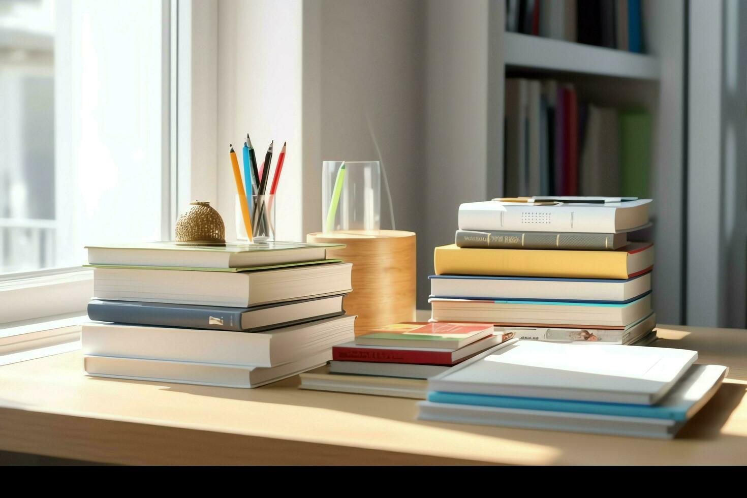 A book pile close up on a study desk. Front view pile book. For festival of world book day, national book day or national education day. Stack of colorful books on study table by AI Generated photo