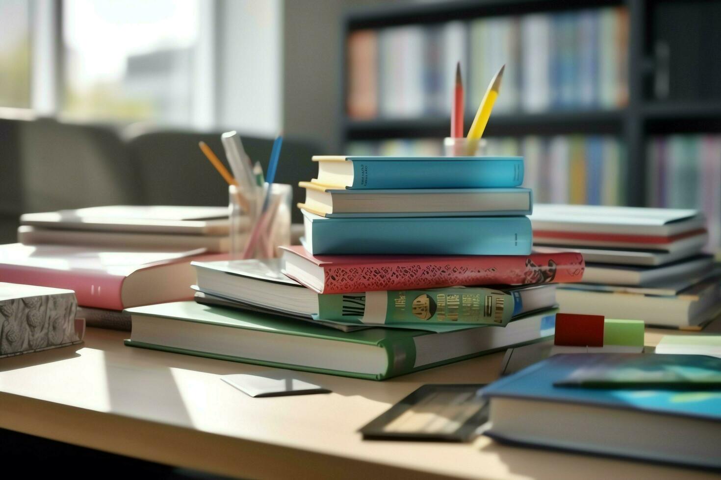 A book pile close up on a study desk. Front view pile book. For festival of world book day, national book day or national education day. Stack of colorful books on study table by AI Generated photo