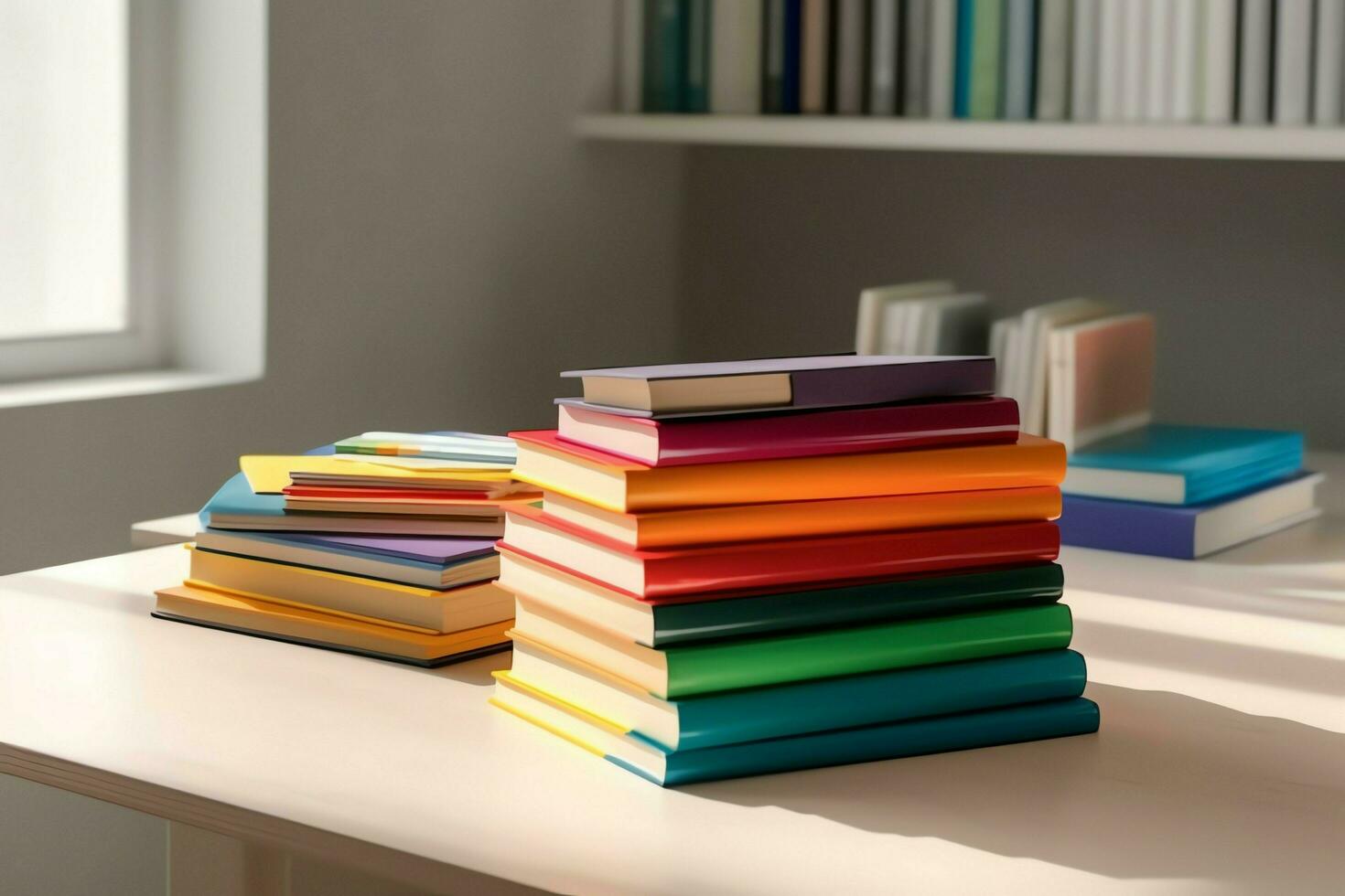A book pile close up on a study desk. Front view pile book. For festival of world book day, national book day or national education day. Stack of colorful books on study table by AI Generated photo