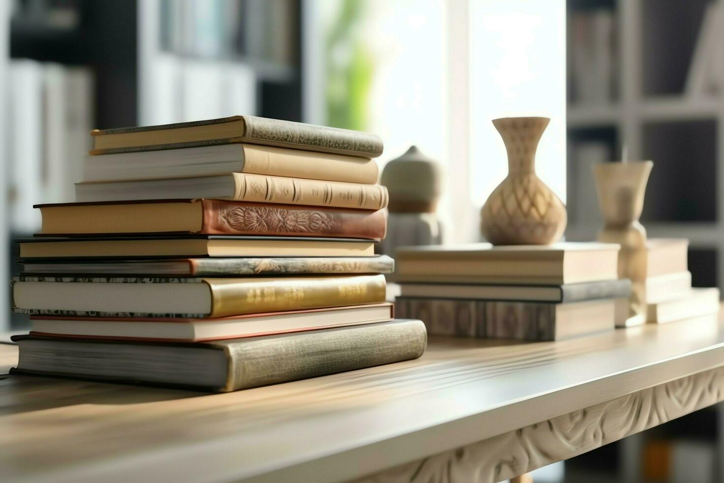 A book pile close up on a study desk. Front view pile book. For festival of world book day, national book day or national education day. Stack of colorful books on study table by AI Generated photo