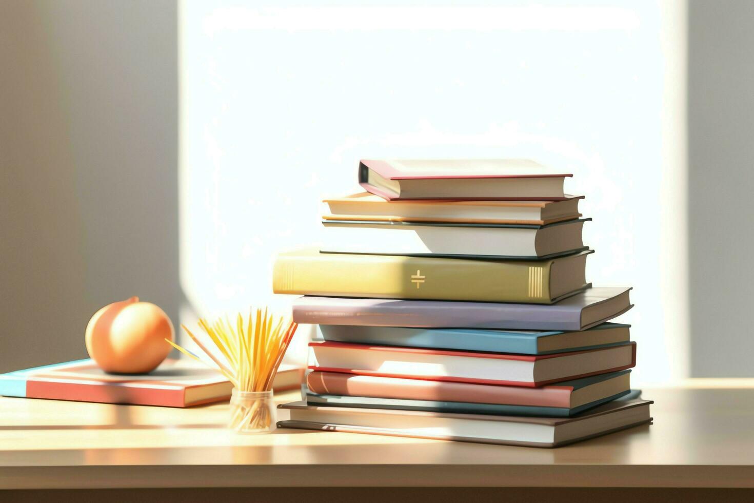 A book pile close up on a study desk. Front view pile book. For festival of world book day, national book day or national education day. Stack of colorful books on study table by AI Generated photo