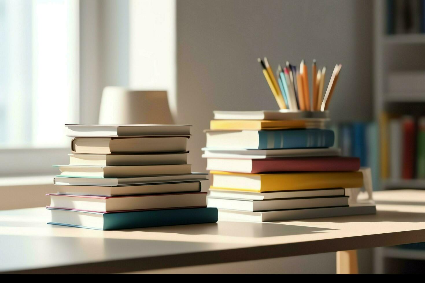 un libro pila cerca arriba en un estudiar escritorio. frente ver pila libro. para festival de mundo libro día, nacional libro día o nacional educación día. apilar de vistoso libros en estudiar mesa por ai generado foto